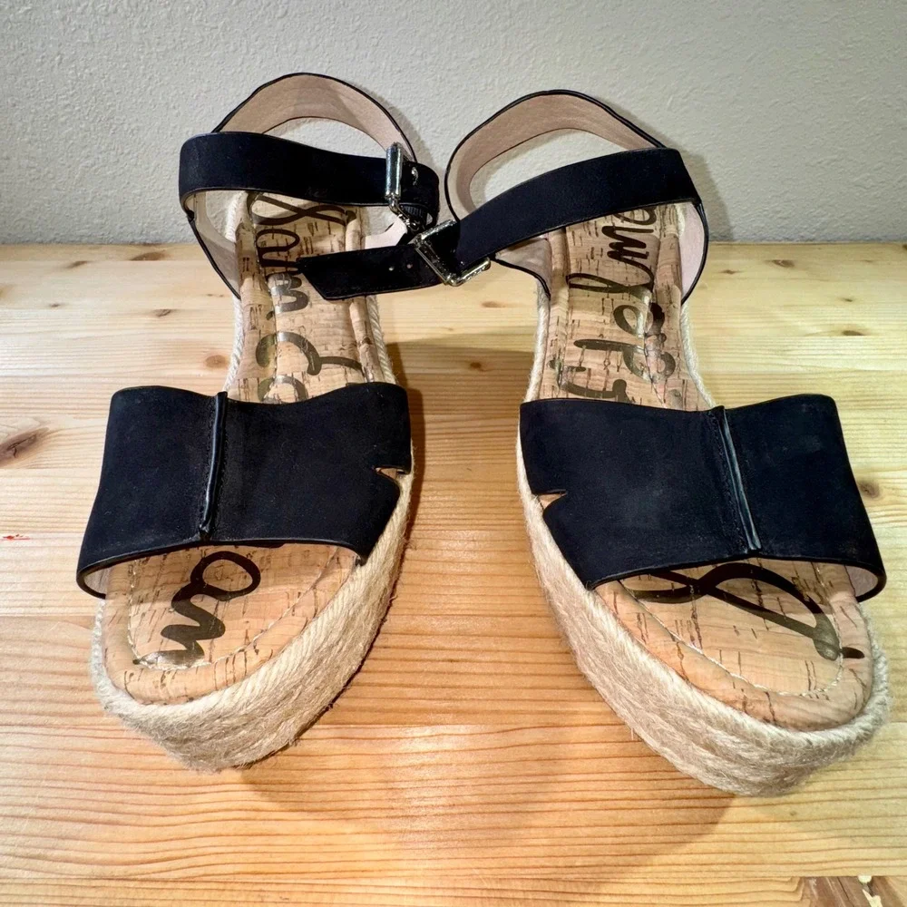Sam Edelman Espadrille Platform Wedge Sandals Black Leather Size 9.5M‎
